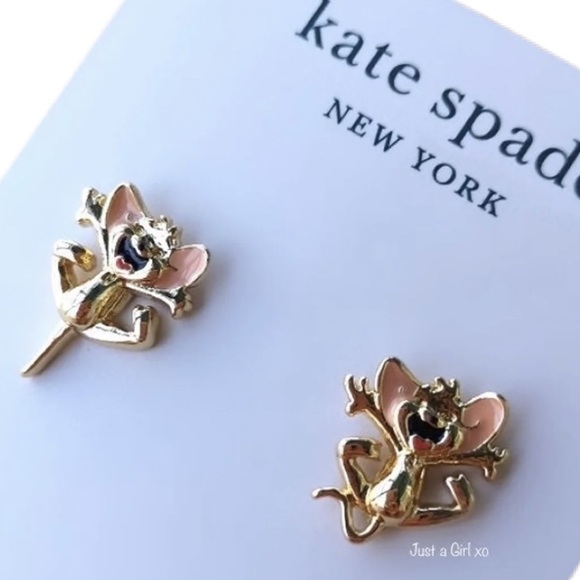 $68 Kate Spade x tom & jerry mouse stud earrings in gold, pink, red, & black - Picture 5 of 7